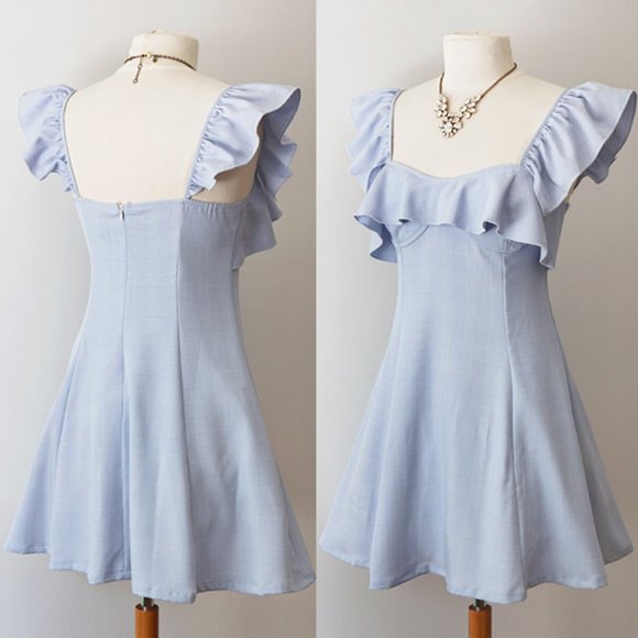 Alythea Dresses & Skirts - Light Blue Plaid Ruffle Sweetheart Fit Flare Dress
